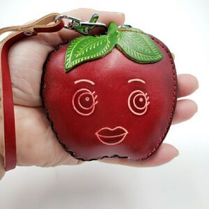 Apple Coin Purse Leather Fruit Mini Wallet Wristlet Keychain Cute Zipper Pouch